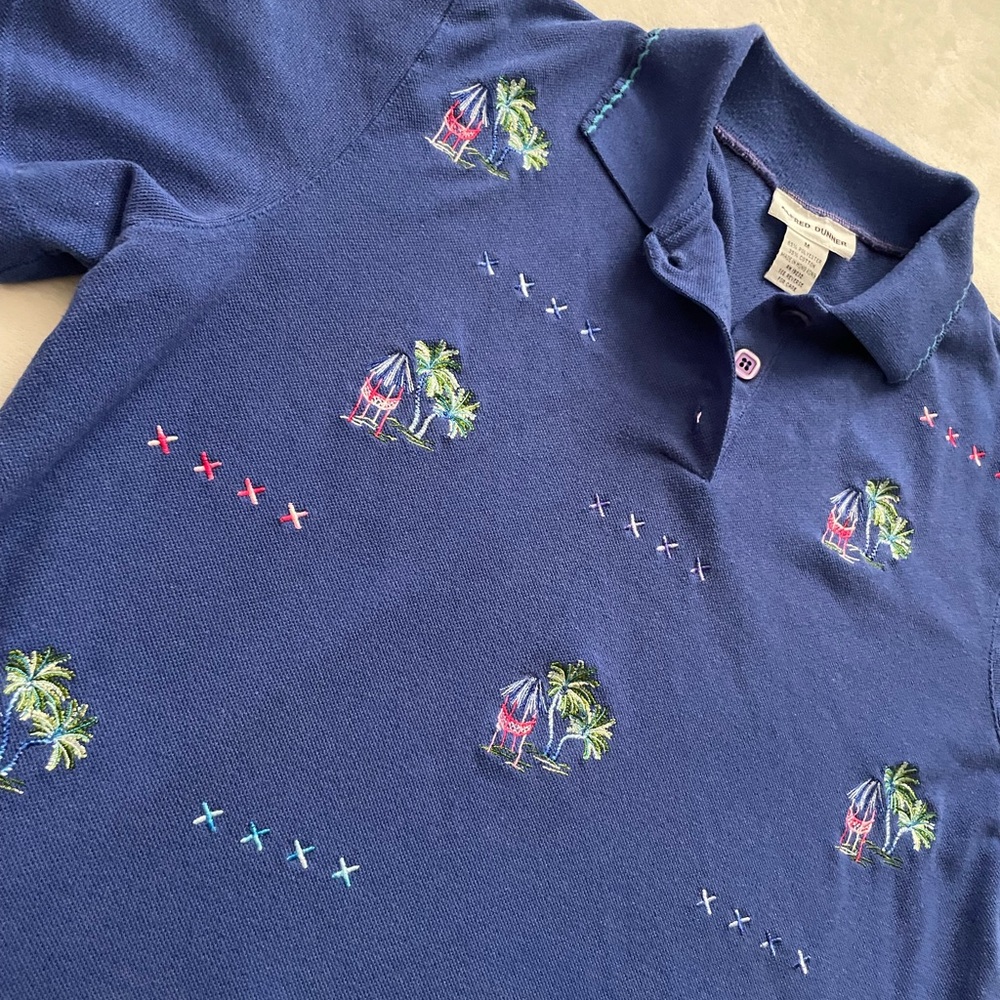 Blue Tropical Coastal Embroidered‎ Women’s Polo Shirt - Picture 2 of 3
